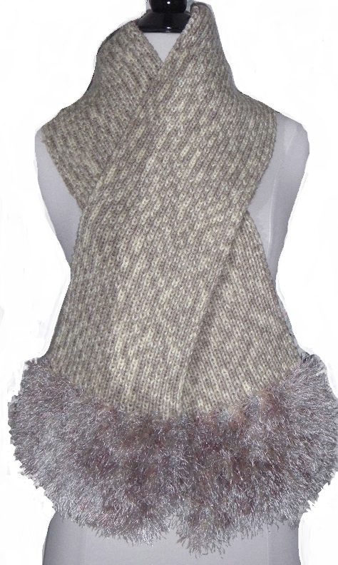 Handmade Knit Scarf with Faux Fur Knitted Trim Beige/White - Click Image to Close