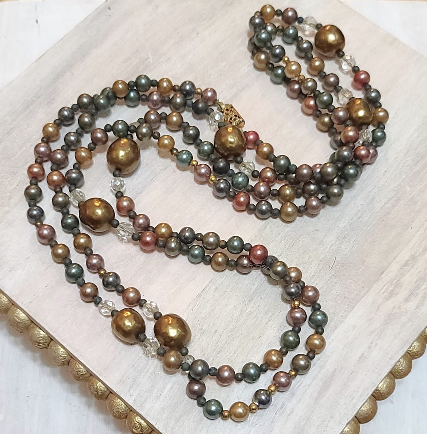 Bronze, Greens & Gold Metallic Glass Bead Flapper Necklace 56"