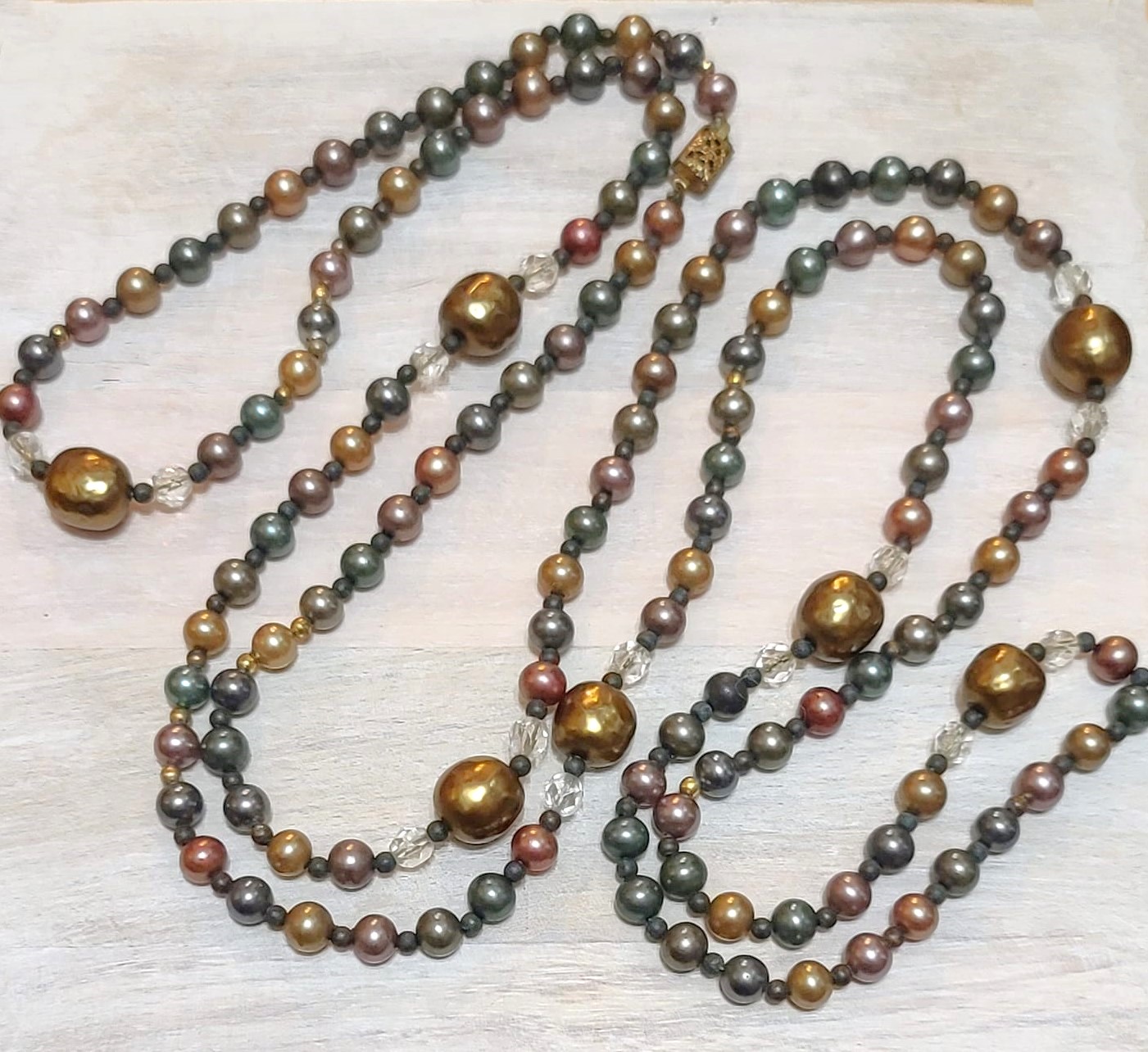 Bronze, Greens & Gold Metallic Glass Bead Flapper Necklace 56"