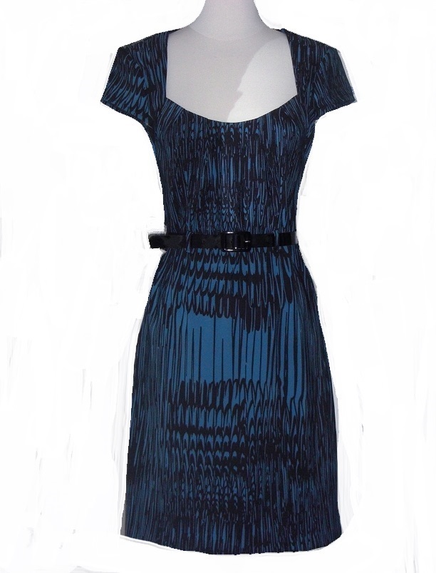 Bisou Bisou Teal & Black Feather Pattern Dress NWT - Click Image to Close