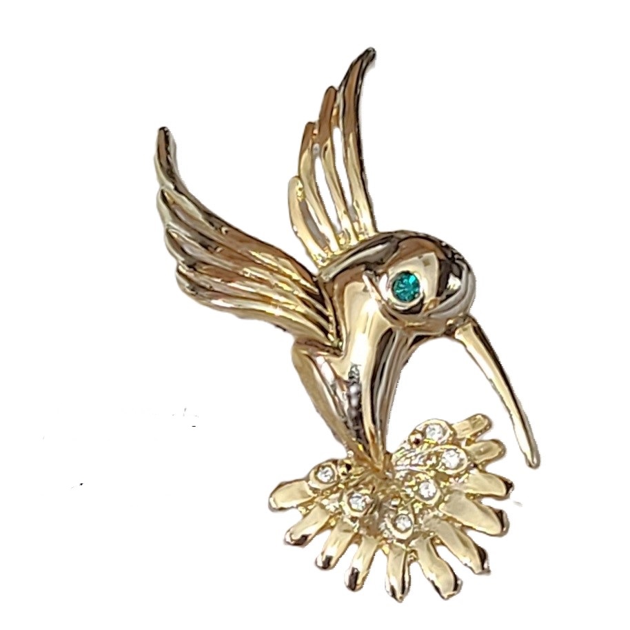 Hummingbird Pin with Green & White Rhinestone Accents