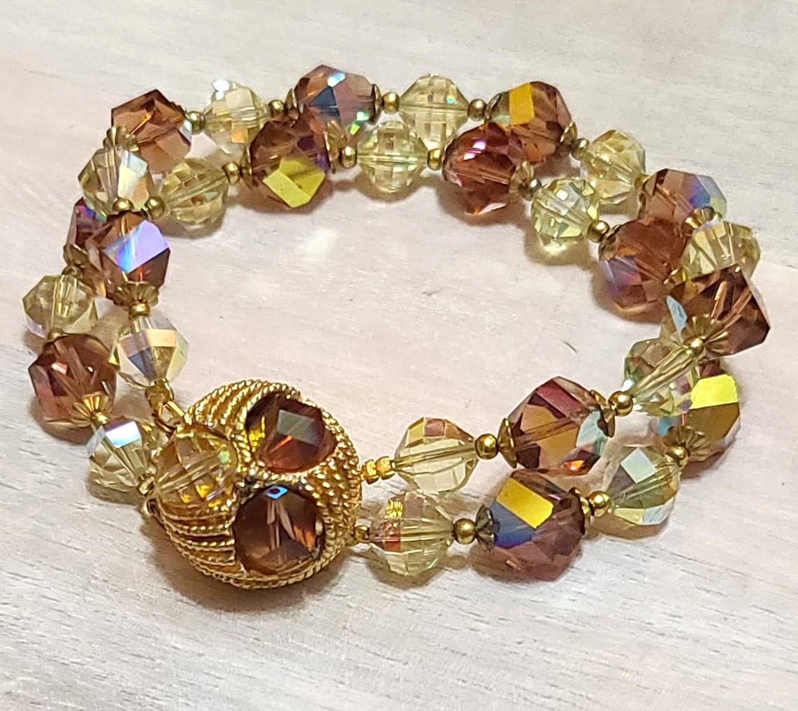 Czech glass bracelet, with auroa borealis topaz color crystals, double row with vintage clasp