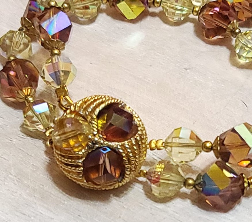 Czech glass bracelet, with auroa borealis topaz color crystals, double row with vintage clasp
