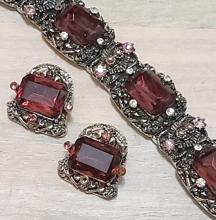 Rhinestone chunky bracelet and clip on earrings, vintage set, purple glass and pink rhinestones