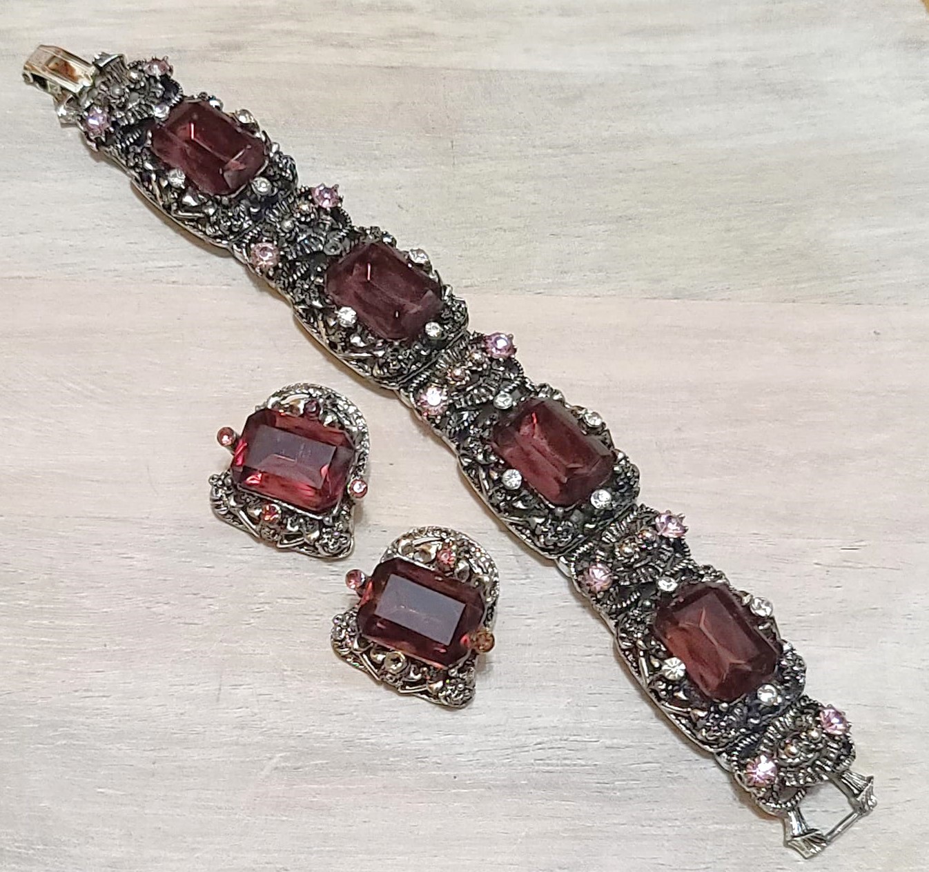 Rhinestone chunky bracelet and clip on earrings, vintage set, purple glass and pink rhinestones