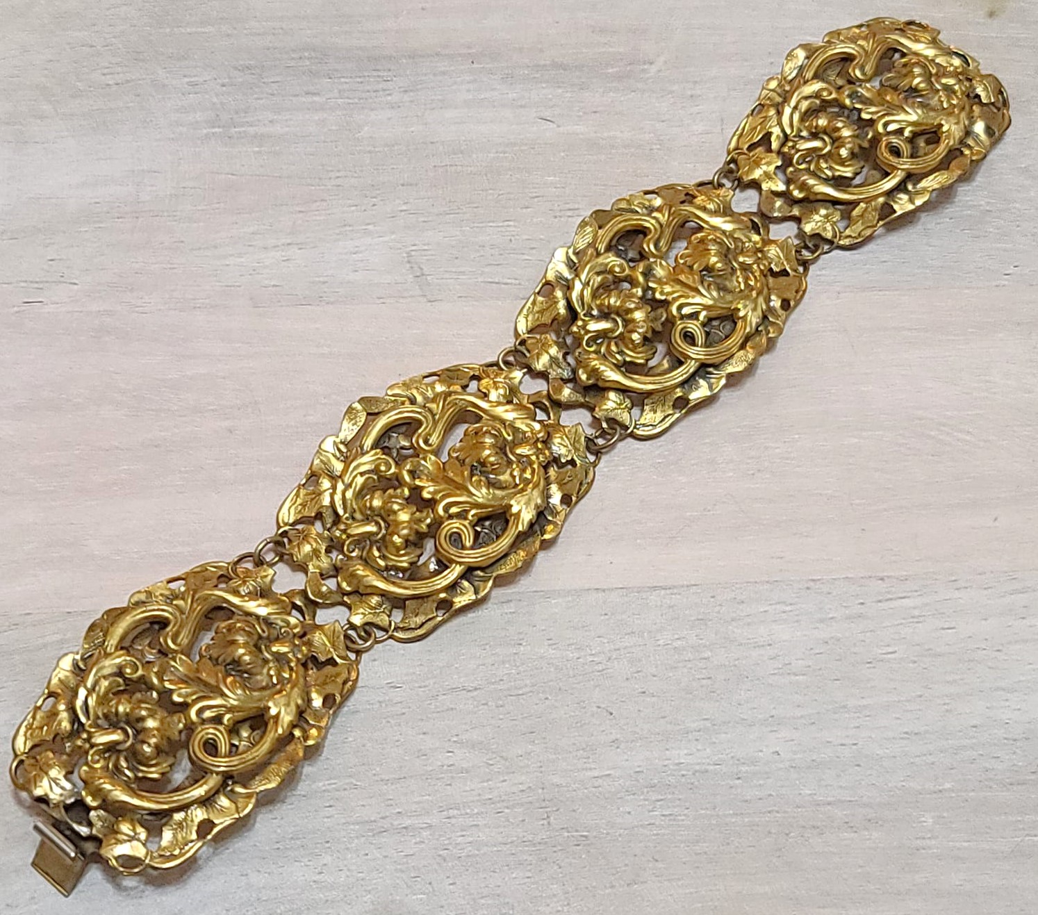 Vintage repousse bracelet, ornate detailed scroll work panel bracelet