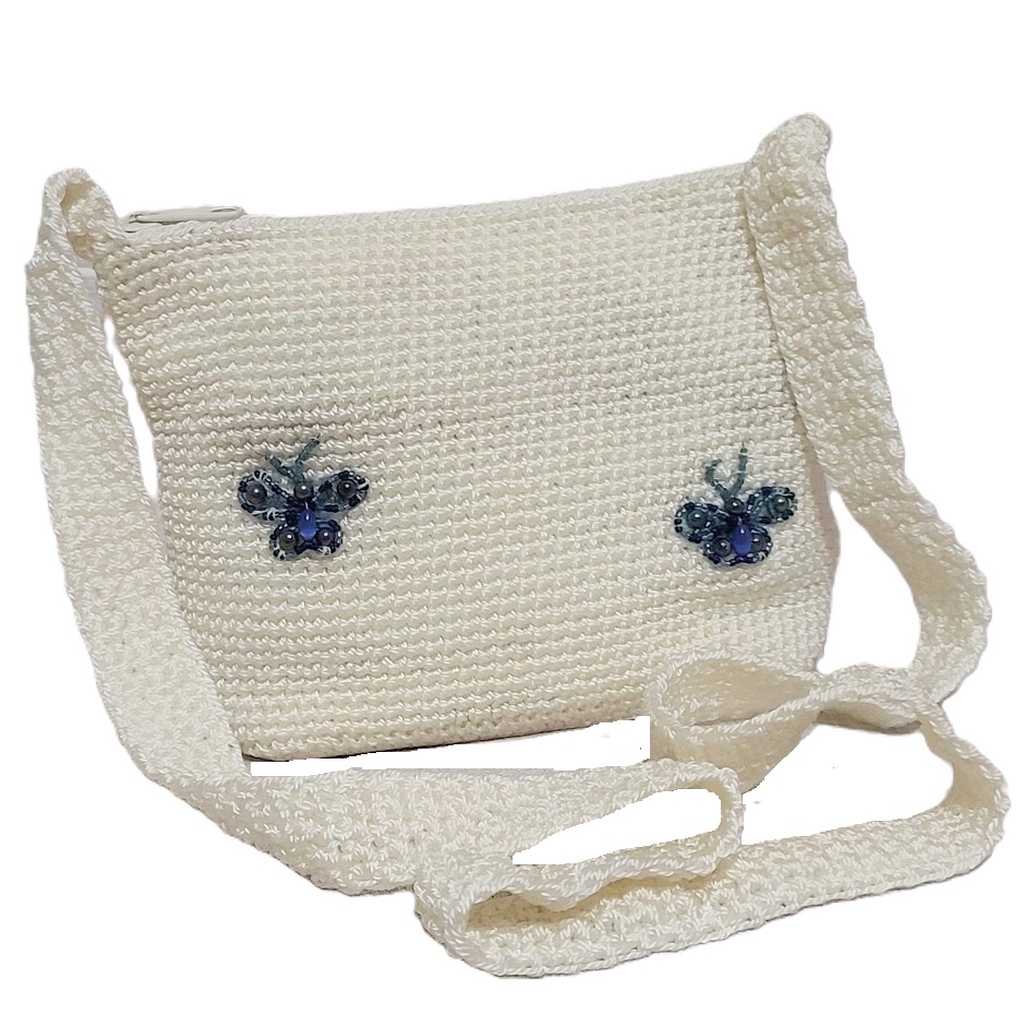 Macrame ivory vintage handbag with beaded butterfly applique