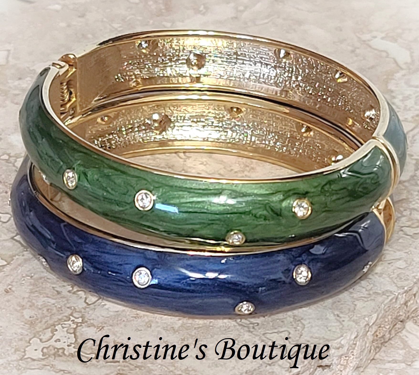 Enamel bracelets with cubic zirconia, oval bangle, set of 2, green and blue - Click Image to Close