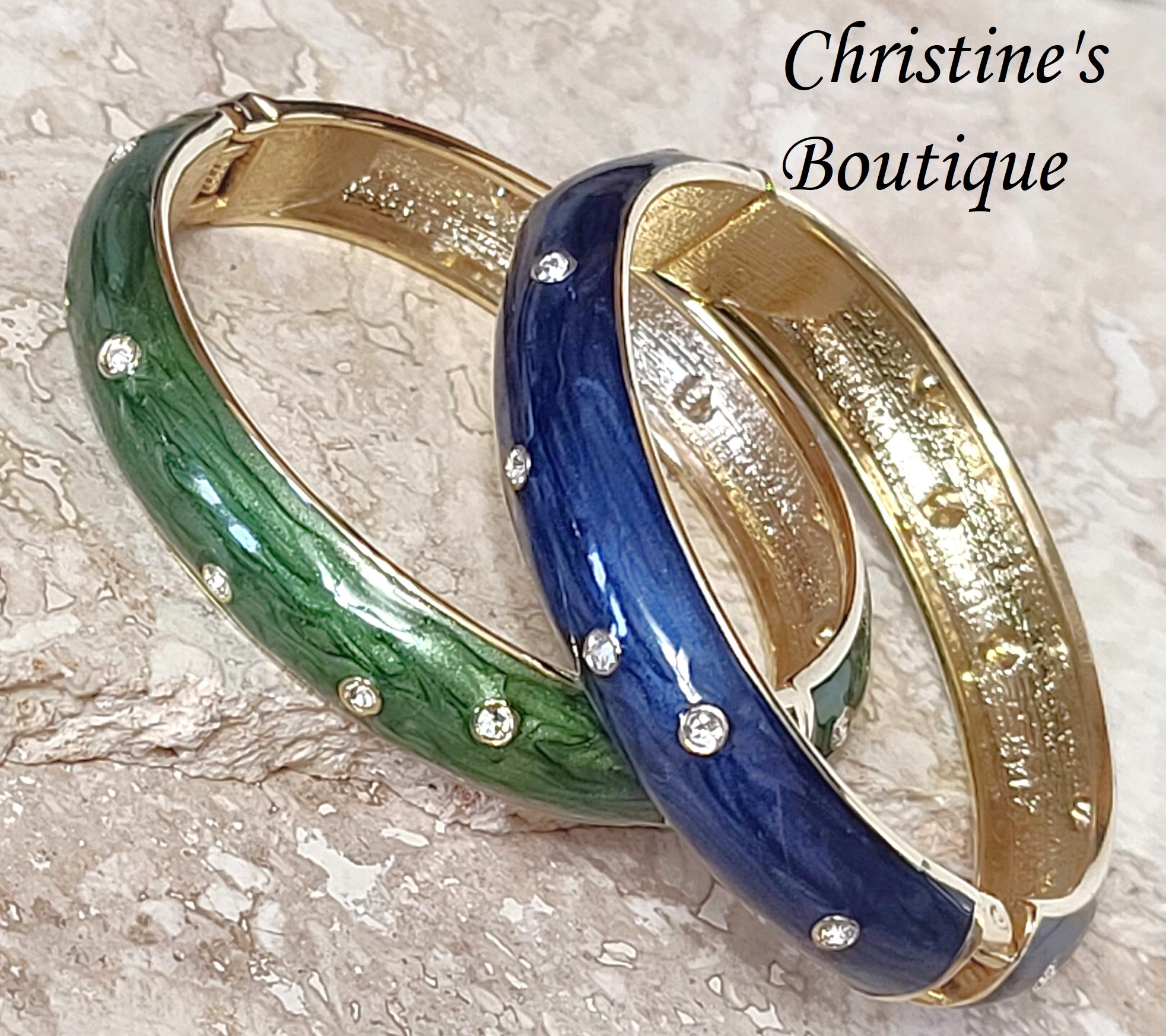 Enamel bracelets with cubic zirconia, oval bangle, set of 2, green and blue