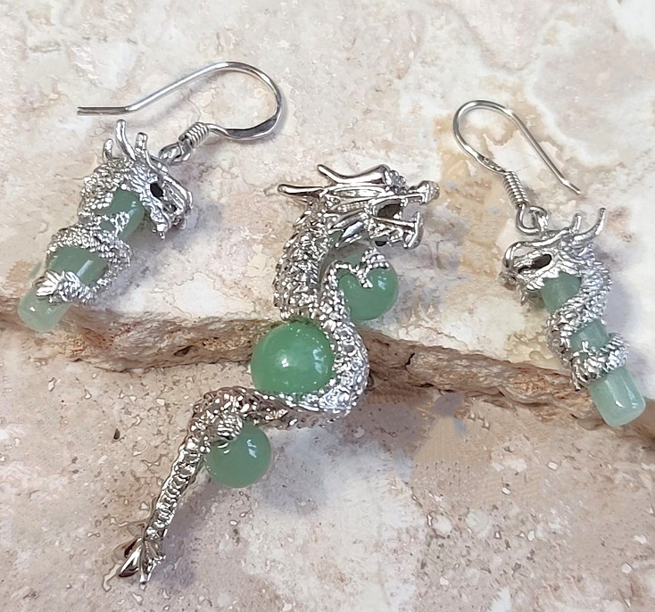 Dragon pendant and earrings set, jade gemstone in sterling silver