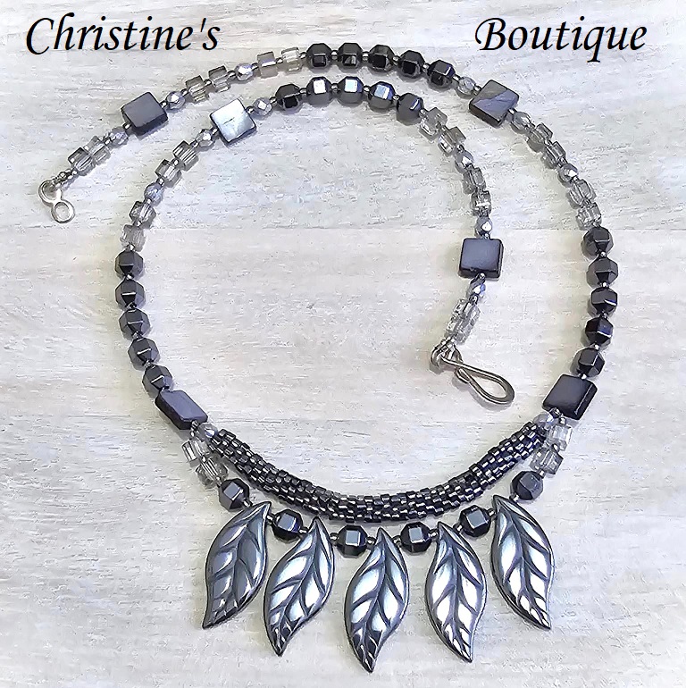 Hematite necklace, handcrafted necklace, hematite leaves, czech crystal and glass beaded necklace