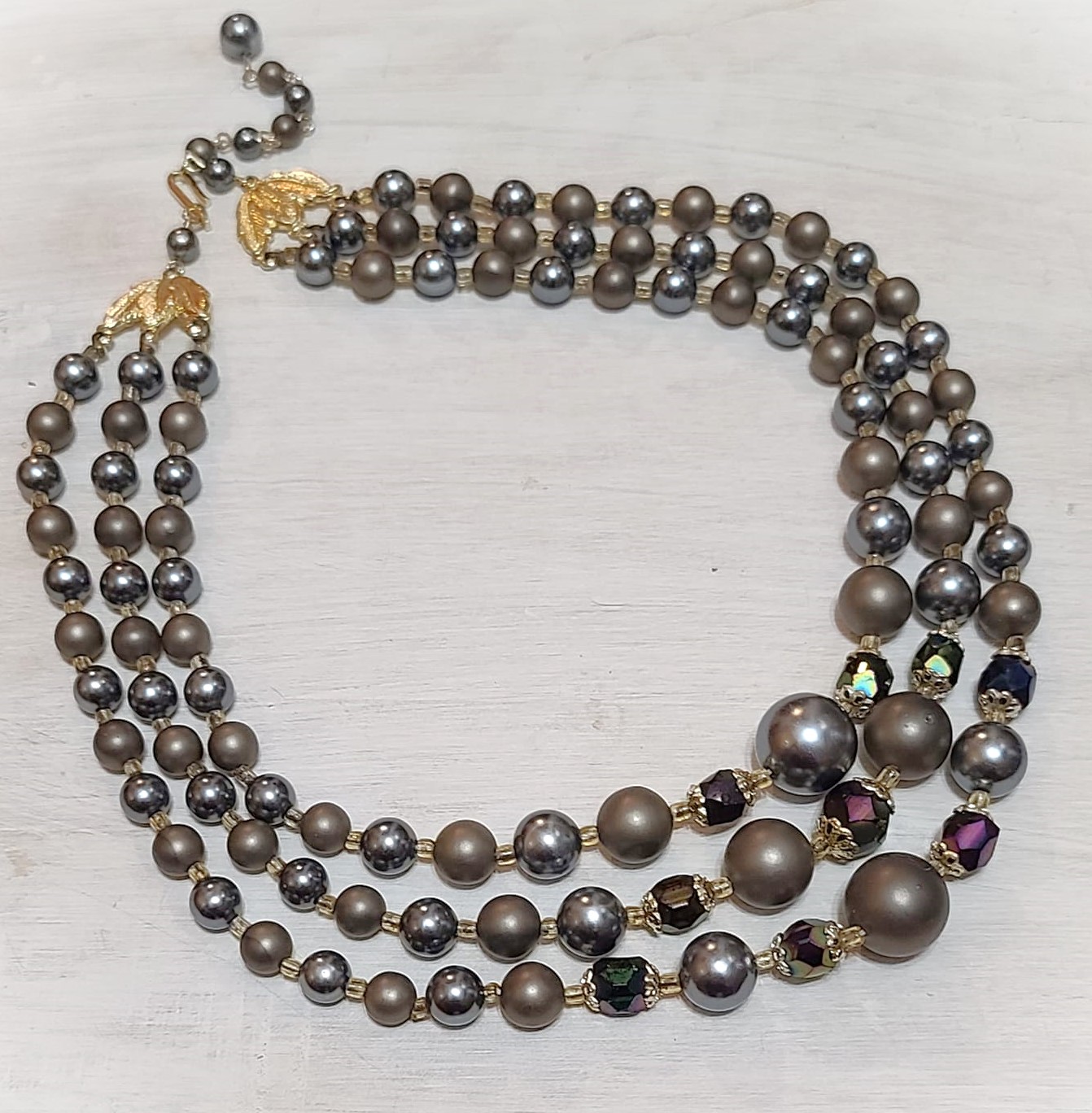 Grays, bronze and browns 3 strand beaded vintage necklace