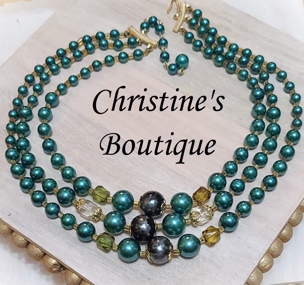 Evergreen green and crystals 3 strand choker vintage necklace