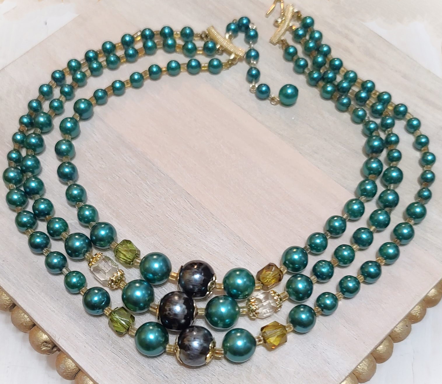 Evergreen green and crystals 3 strand choker vintage necklace