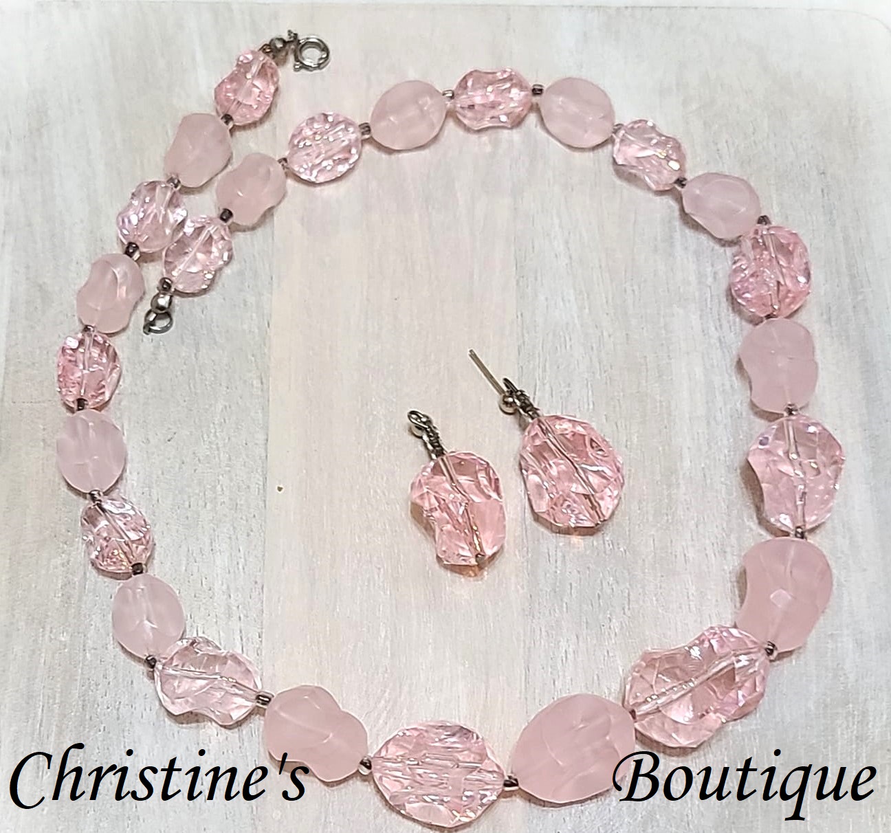 Pink Ice and Frost Nugget Necklace and Pierced Earrings