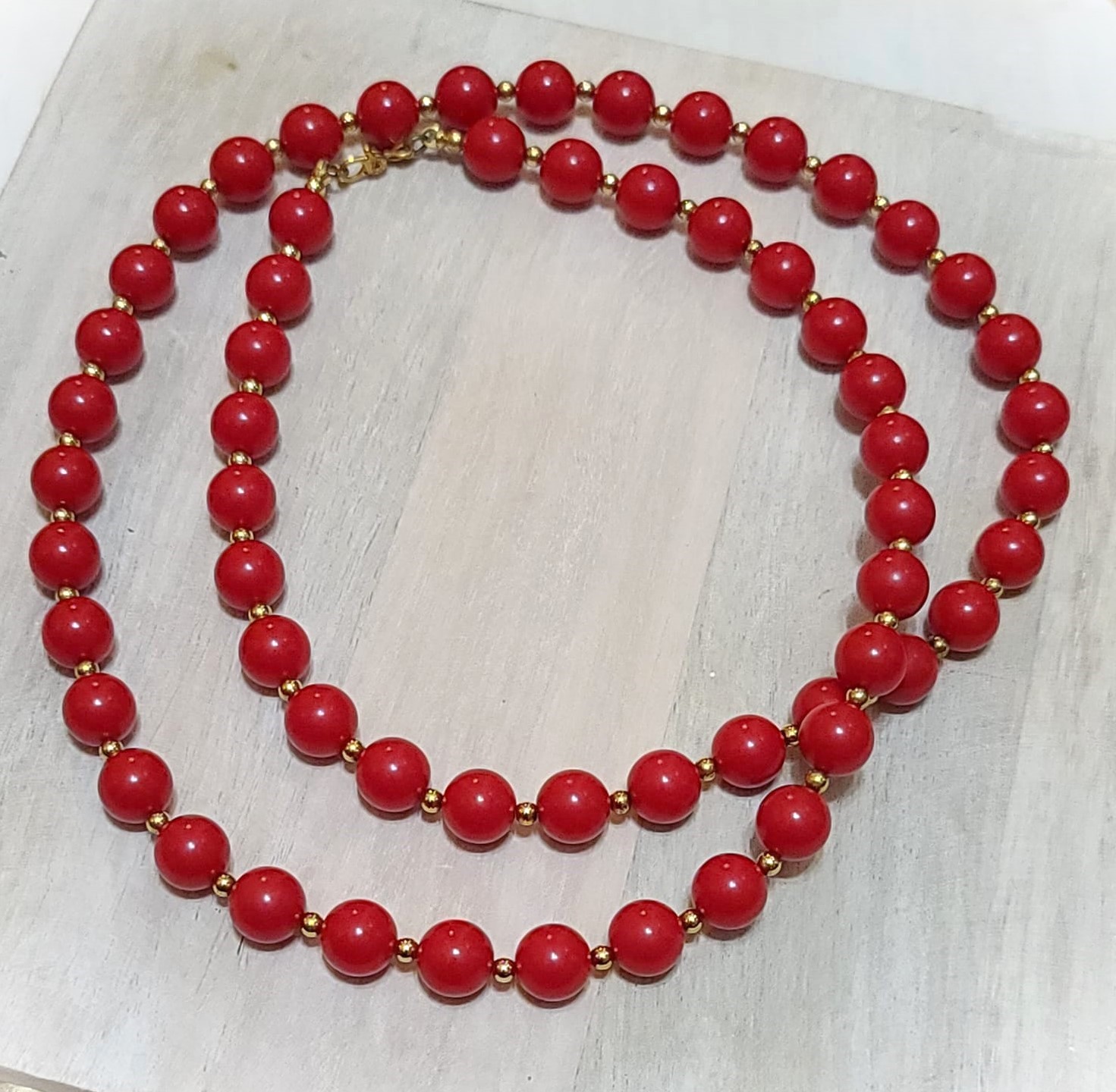Monet designer red bead vintage necklace 29"
