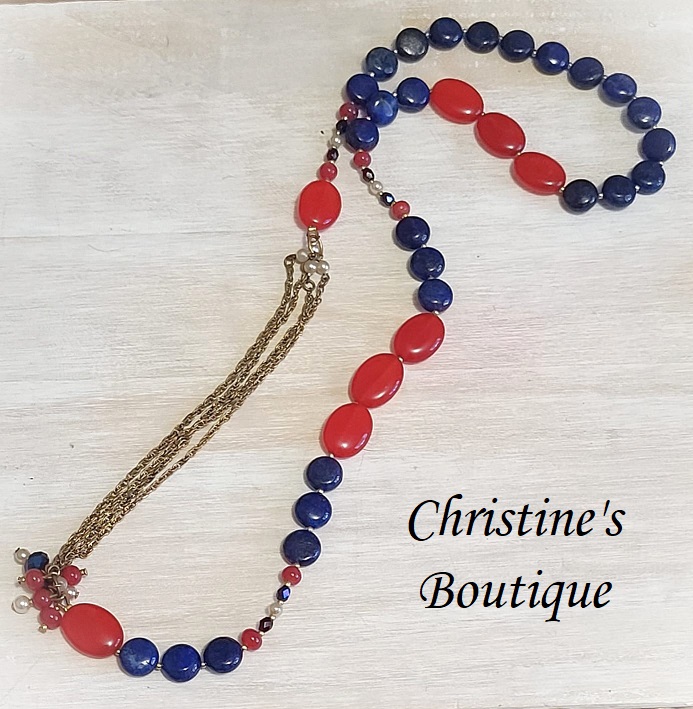 Gemstone handcrafted necklace, cherry quartz and blue lapis with side chain