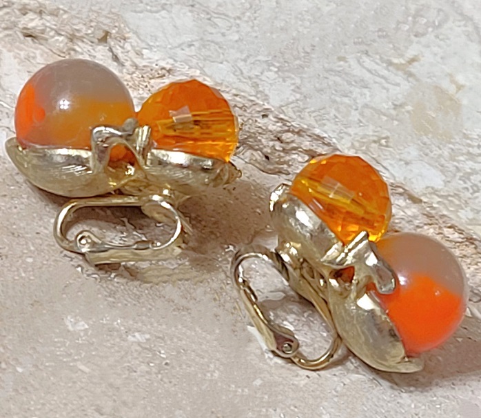 Orange beaded earrings, vintage clip ons