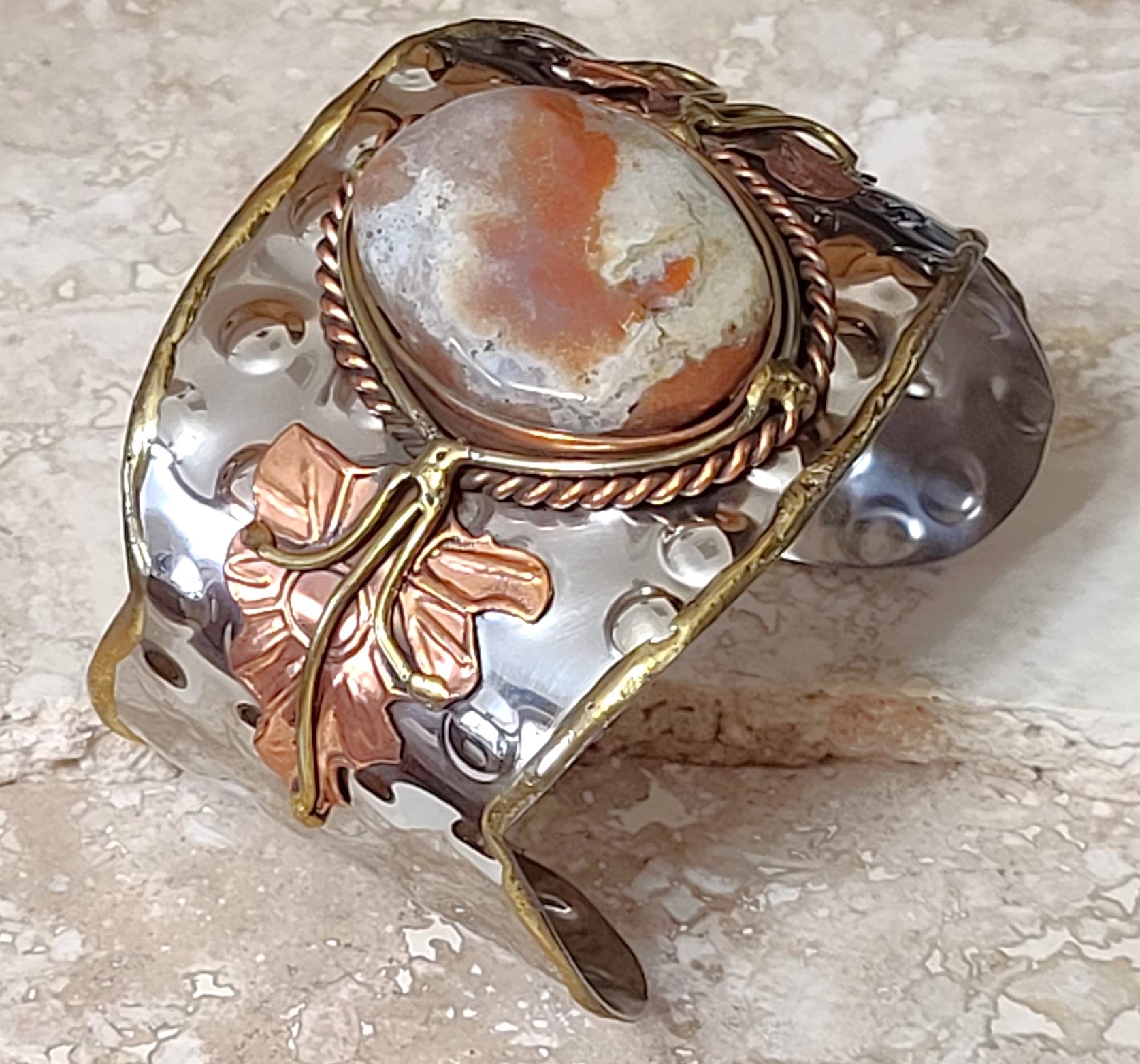 Cuff Bracelet with brown center stone, tri color metal, brass, silver and copper