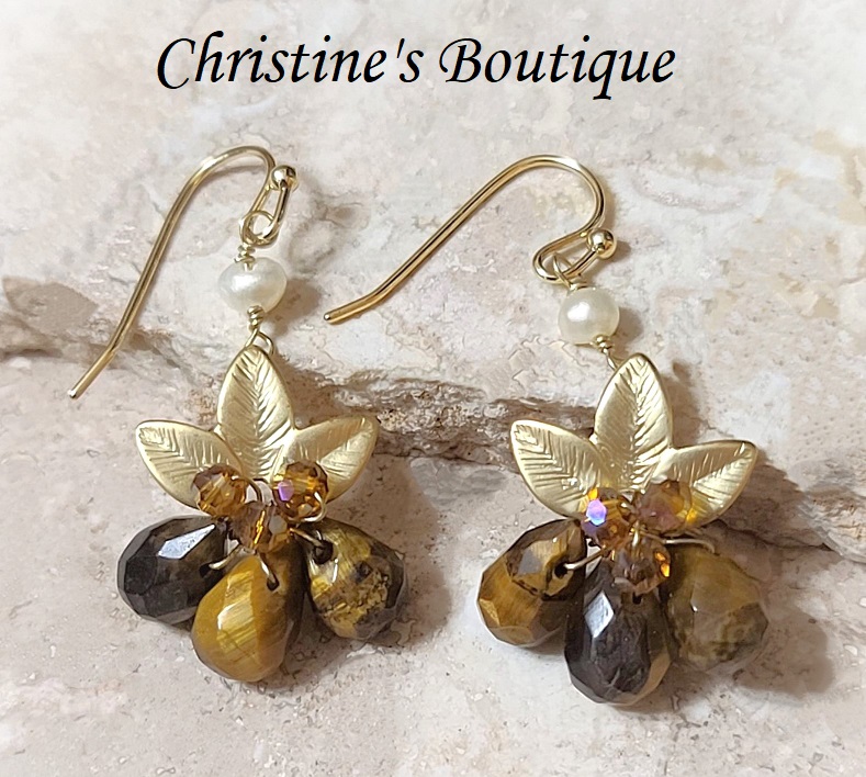 Gemstone earrings, tiger eye gemstone, freshwater pearl and crystals - Click Image to Close