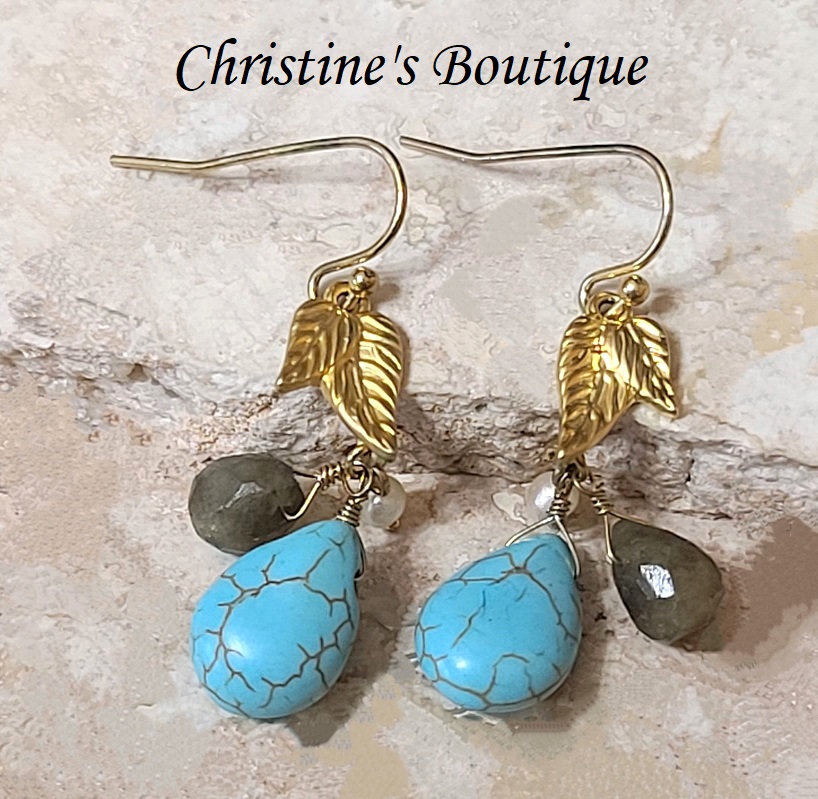 Gemstone dangle earrings, tuquoise howilite with quartz