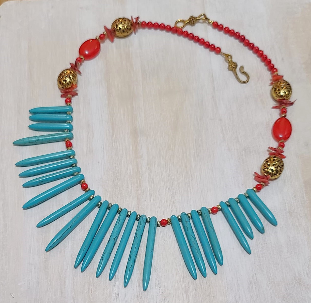 Turquoise, coral and cherry quartz necklace, handcrafted