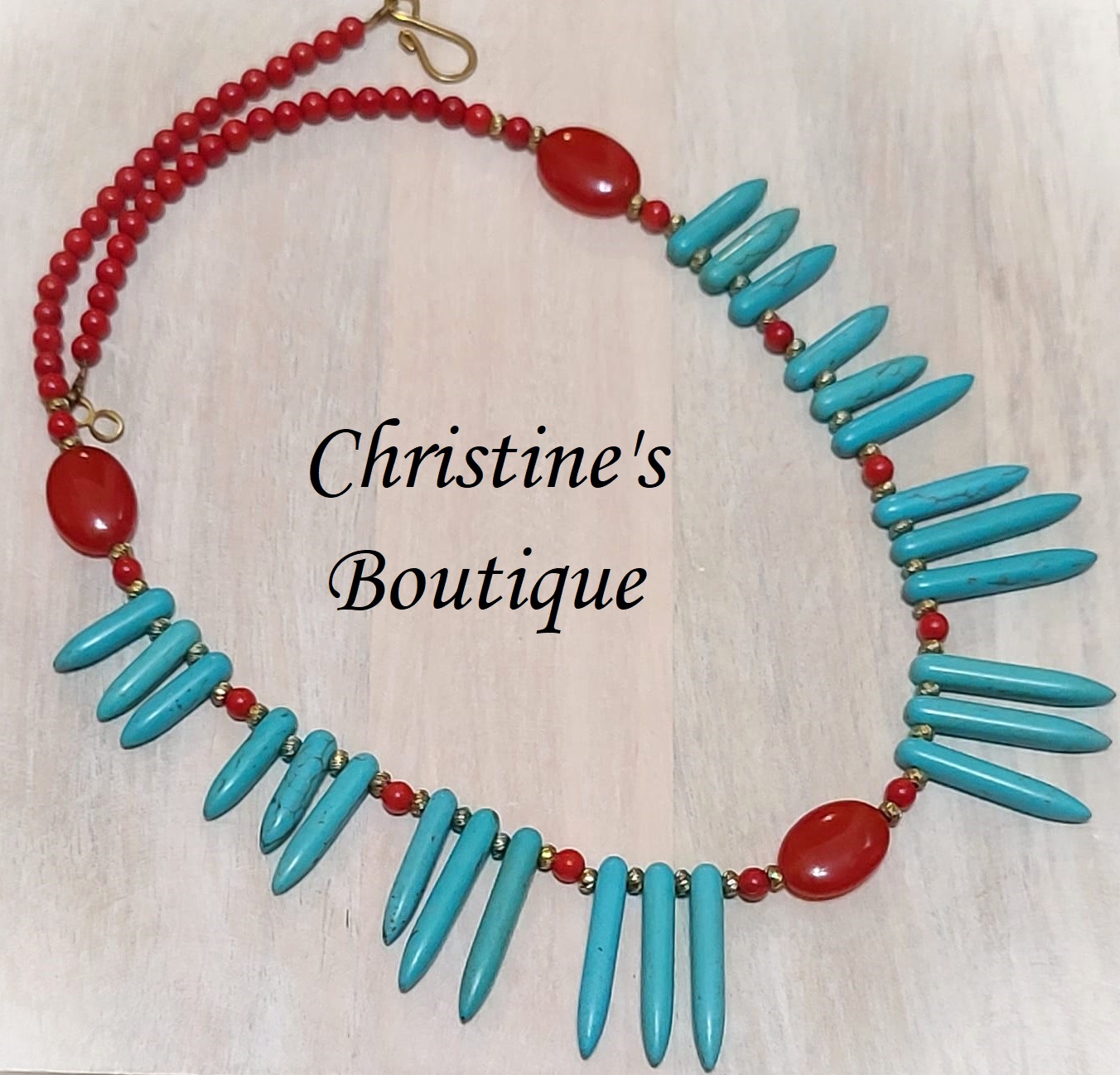 Turquoise, coral and cherry quartz necklace, handcrafted - Click Image to Close