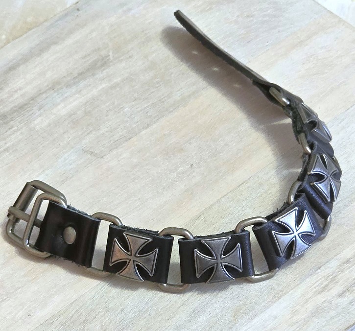 Modernist bracelet, leather bracelet, unisex bracelet, black leather, biker bracelet, cross motif