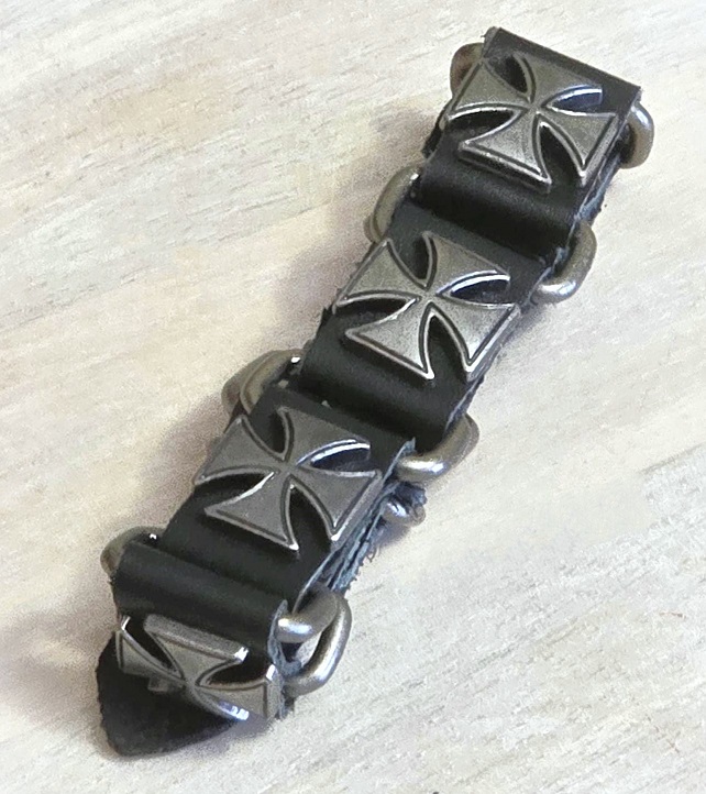 Modernist bracelet, leather bracelet, unisex bracelet, black leather, biker bracelet, cross motif