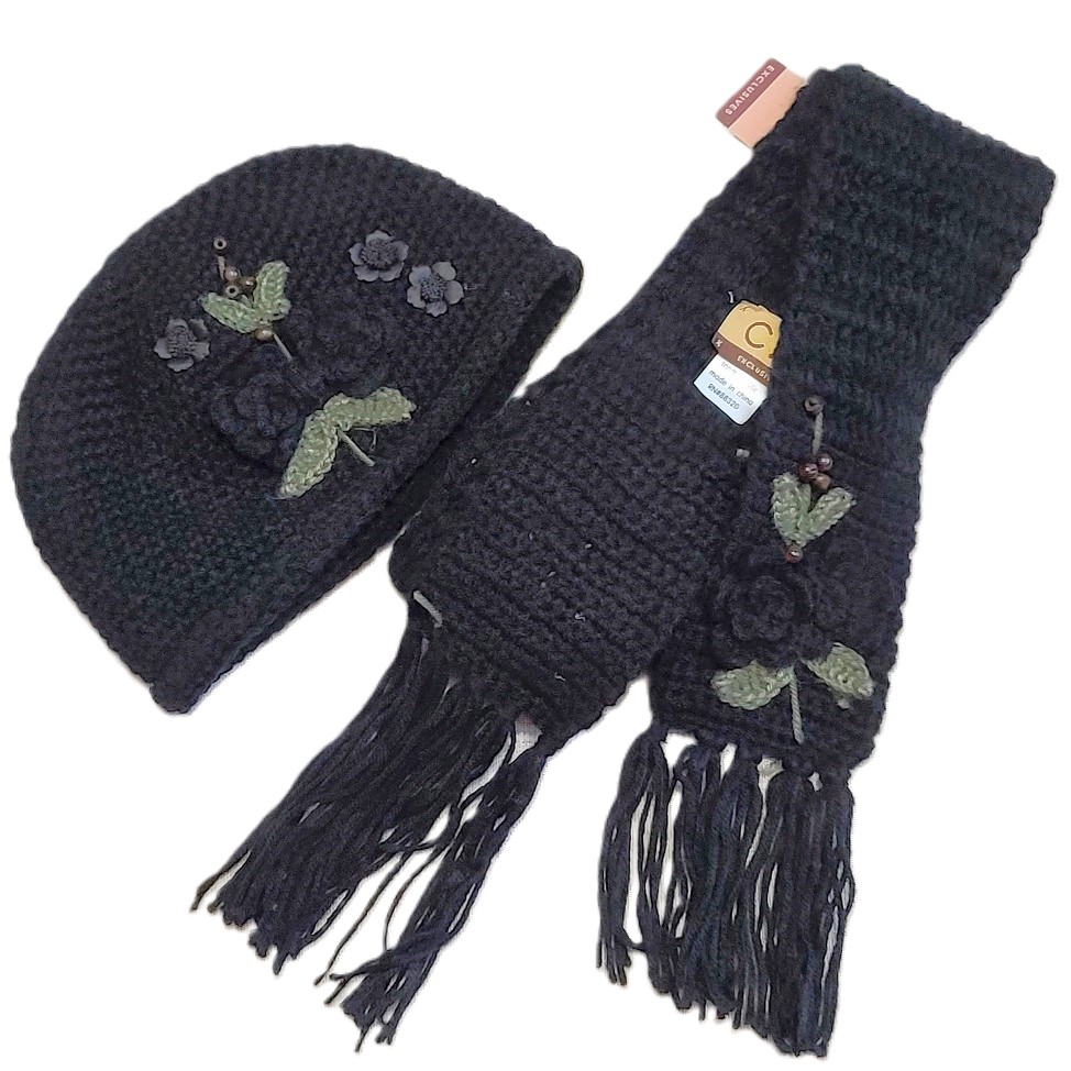 Scarf and Hat Set -Beaded Accents Color - Black