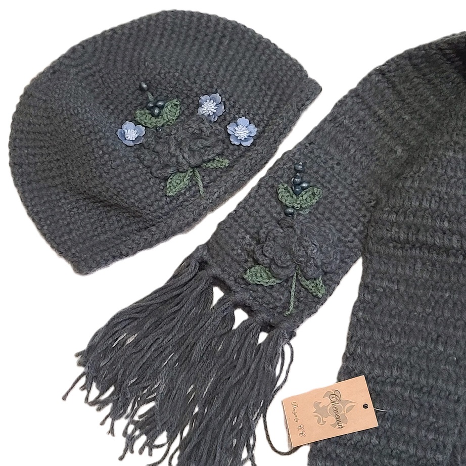 Scarf and Hat Set -Beaded Accents Color - Slate Gray