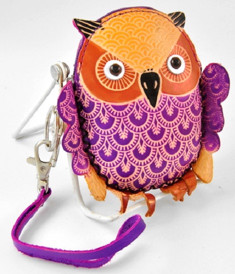 Leather Coin Purse with Wristlet - Purple Owl - Click Image to Close