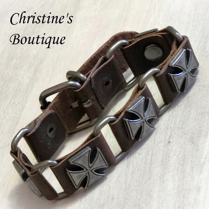 Modernist bracelet, leather bracelet, unisex bracelet, brown leather, biker bracelet, cross motif - Click Image to Close