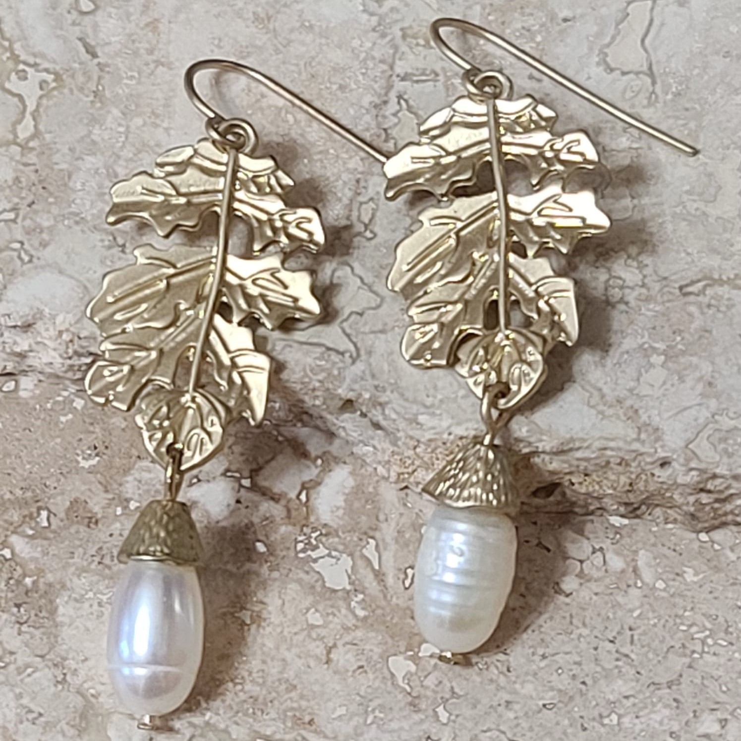 Leaf Earrings with Acorn and Freshwater Pearls