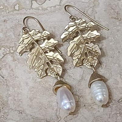 Leaf Earrings with Acorn and Freshwater Pearls