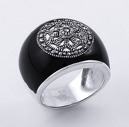 Renaissance Style Marcasite & BlackEnamel Sterling Silver Ring 8 - Click Image to Close