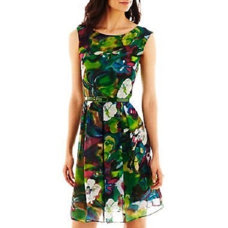 Danny & Nicole Chiffon Fit and Flare Green Floral Dress NWT