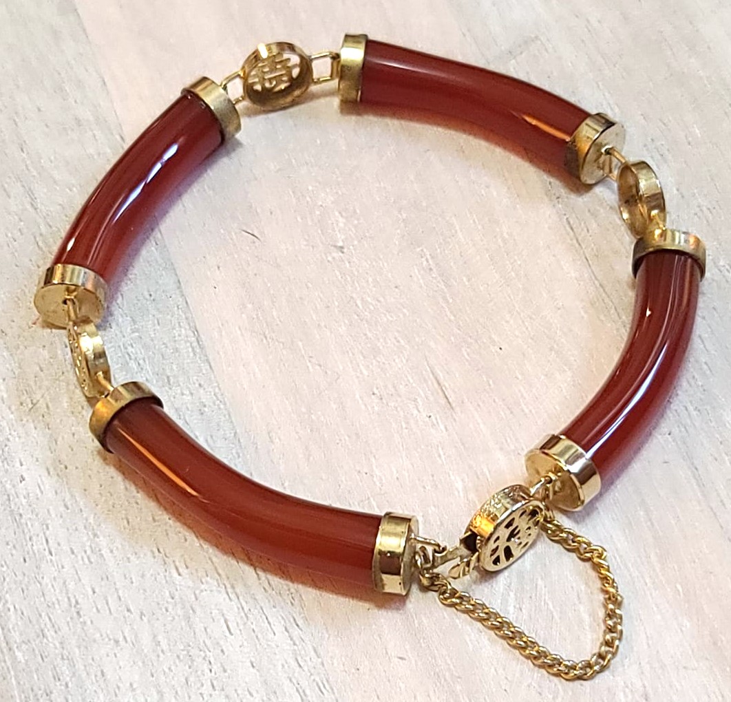 Red jade bacelet, link style vintage bracelet with safety chain