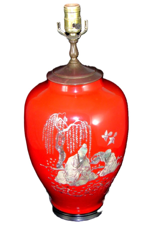 Antique Chinese Red Enamel & Mother of Pearl Vase Lamp - Click Image to Close