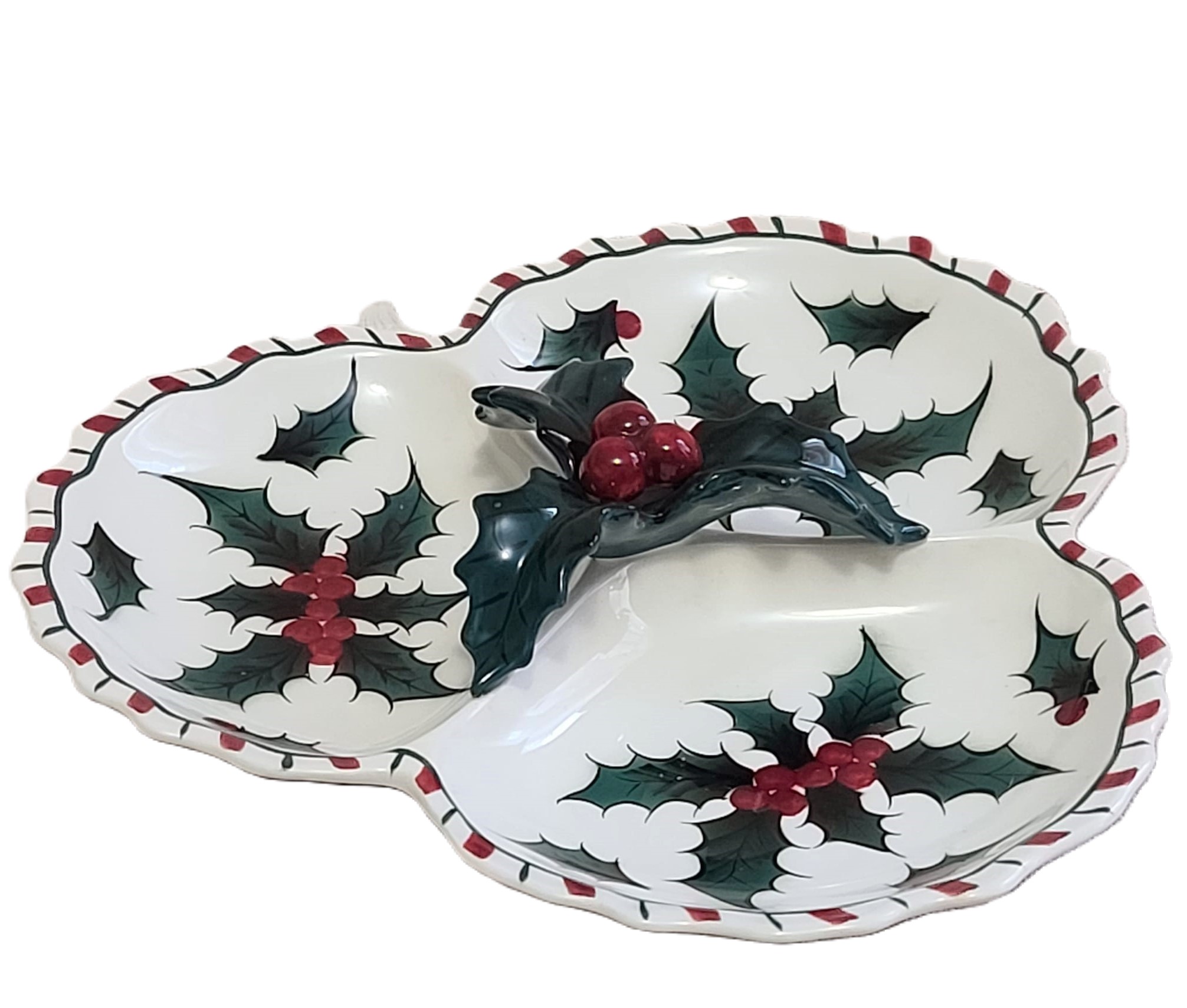Hand Painted Christmas Holly Leaf 3-Section Candy/Relish Dish