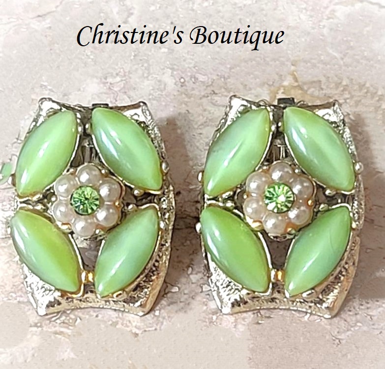 Green Moonglow earrings, vintage clip ons with rhinestones and pearls