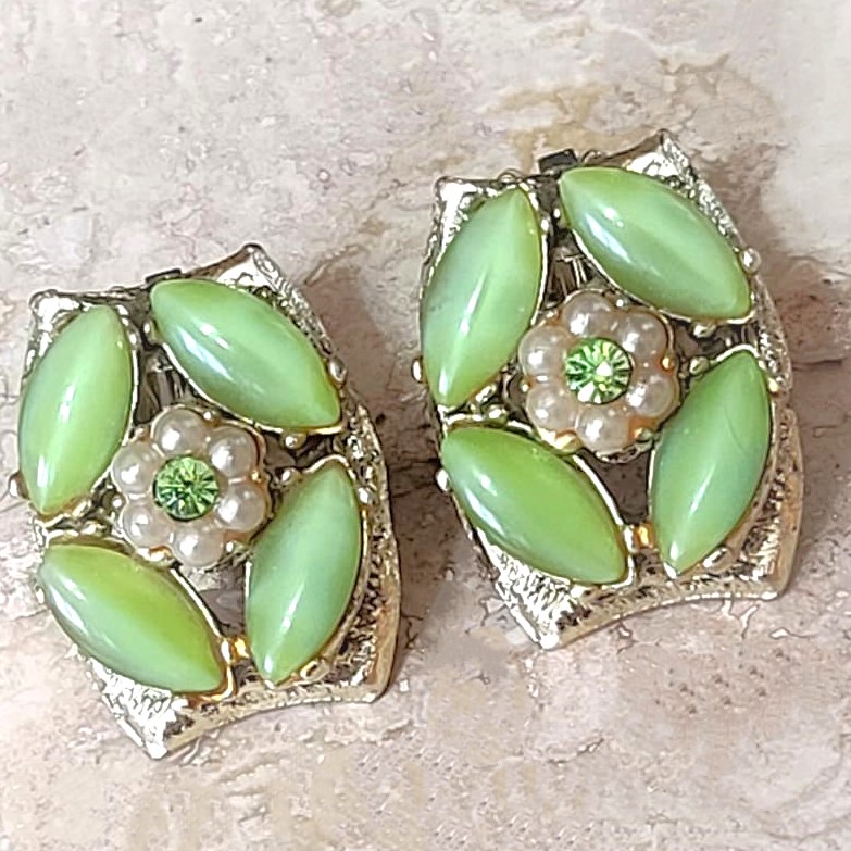 Green Moonglow earrings, vintage clip ons with rhinestones and pearls