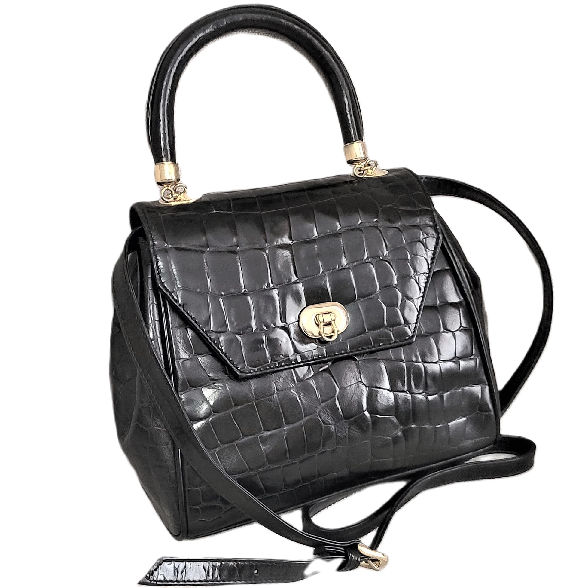 Accessory Lady Vintage Black Alligator Print Embossed Handbag - Click Image to Close