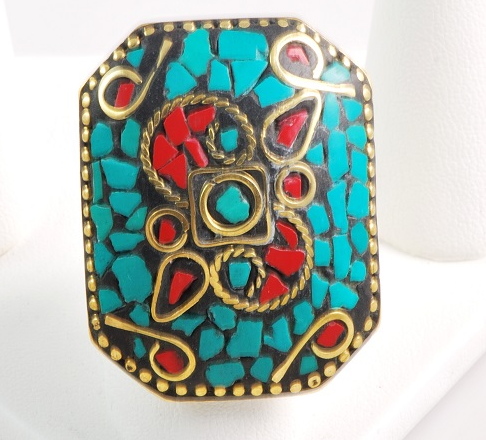 Mosaic ring, turquoise, lapis and coral inlaid - Click Image to Close