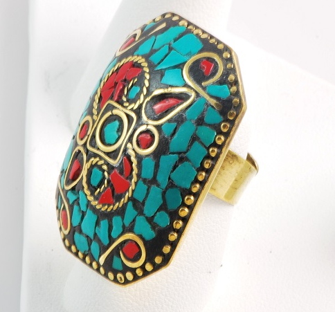 Mosaic ring, turquoise, lapis and coral inlaid