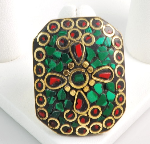Mosaic ring, turquoise, lapis and coral inlaid