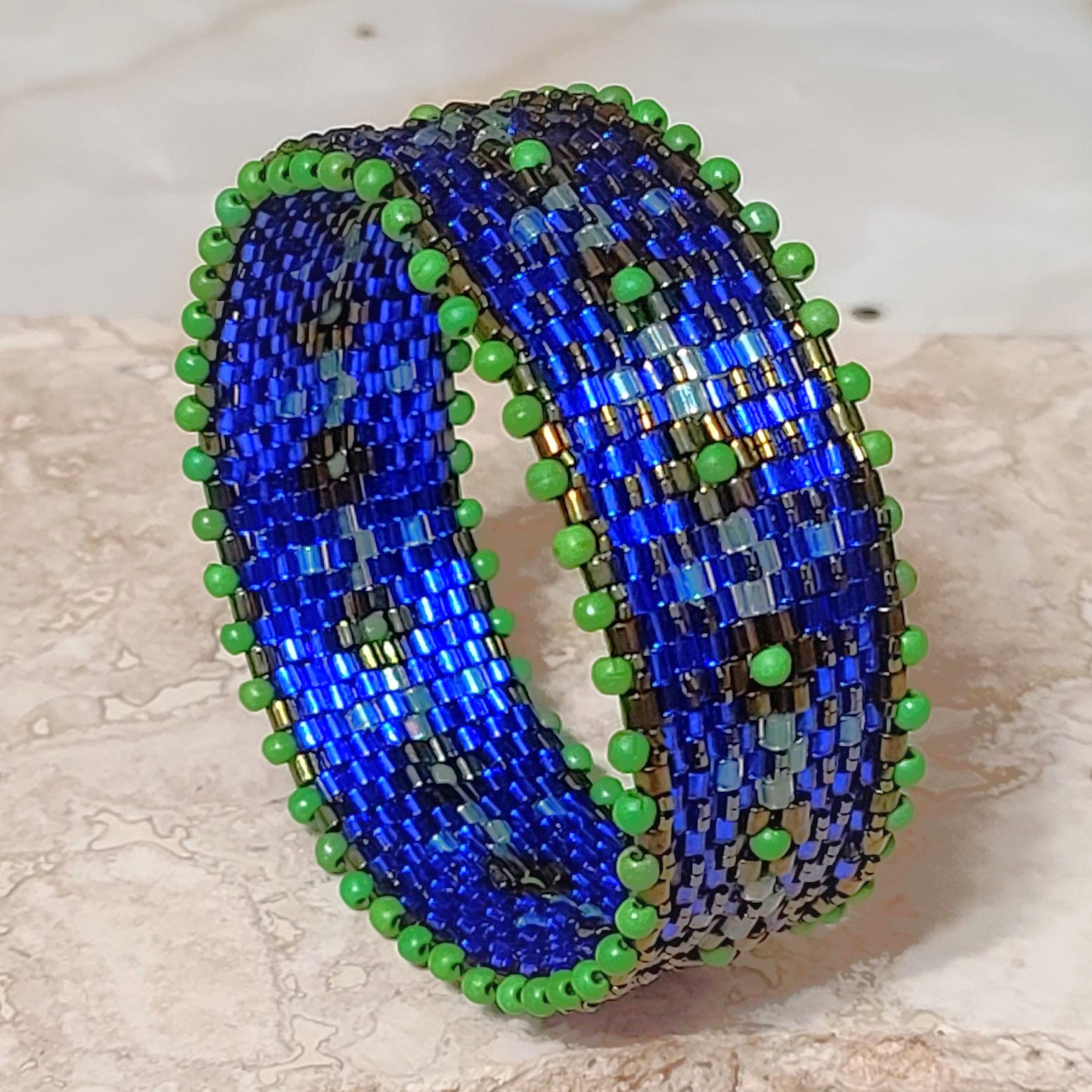 Royal Blue w/Green Turquoise Peyote Stitch Glass Bangle Bracelet