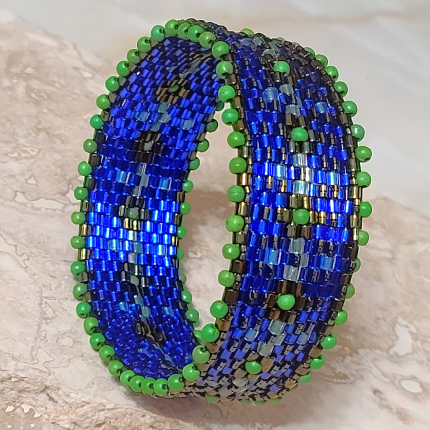 Royal Blue w/Green Turquoise Peyote Stitch Glass Bangle Bracelet