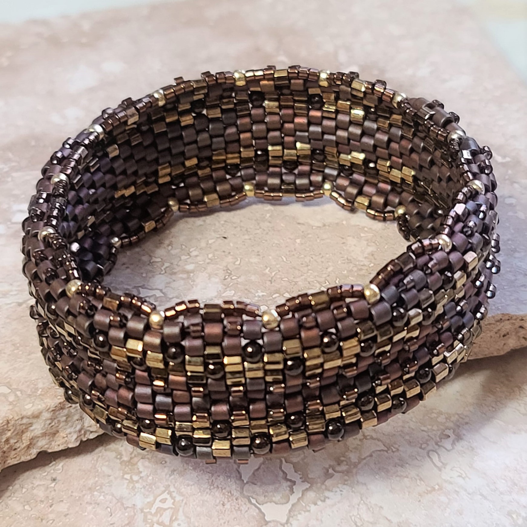 Bronze Tiger Eye Gemstone Peyote Stitch Glass Bangle Bracelet - Click Image to Close