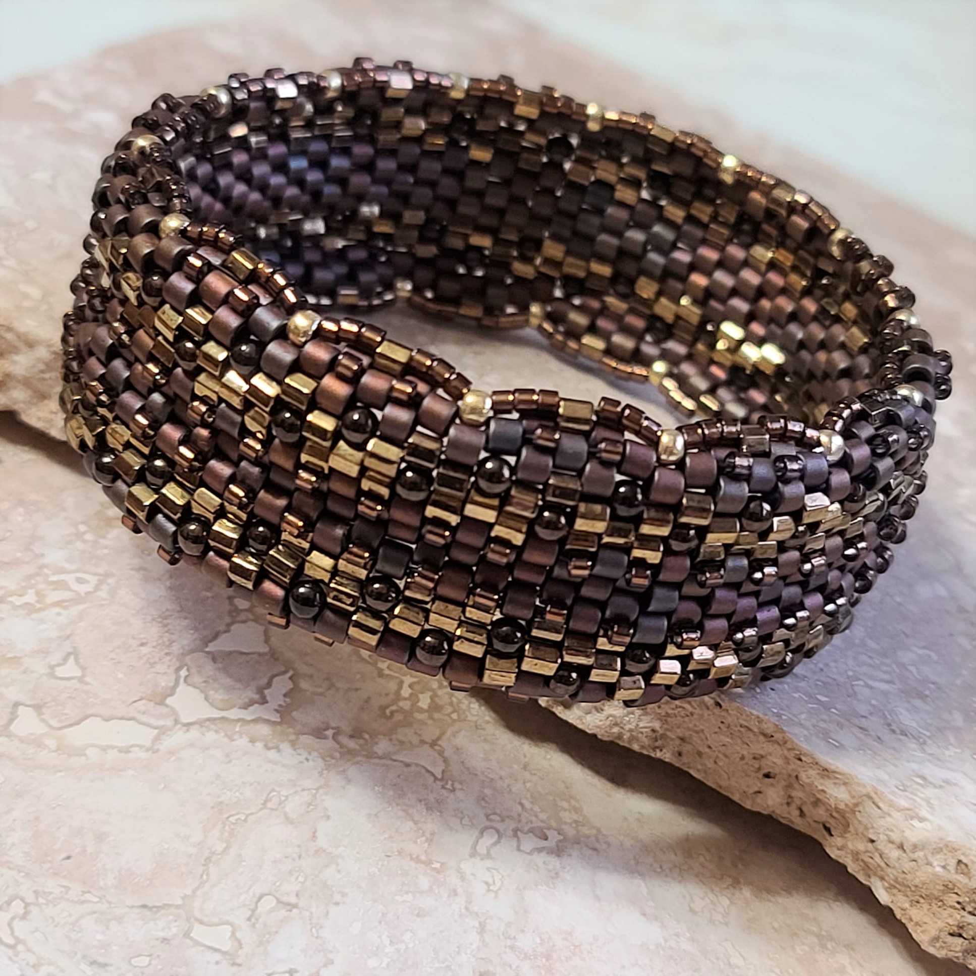 Bronze Tiger Eye Gemstone Peyote Stitch Glass Bangle Bracelet